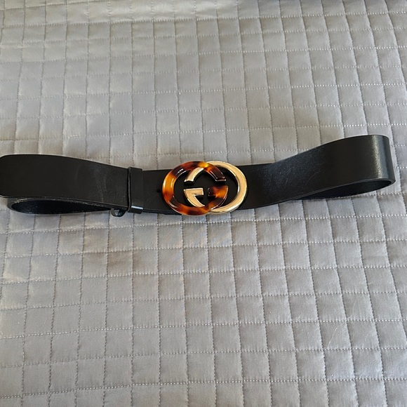 Gucci Vintage Double G Buckle Black Leather Belt Logo Tortoise & Gold - Picture 2 of 13